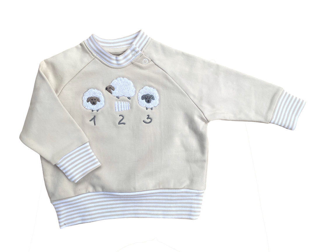 BIO Sweat-Shirt Schafe mit 3D-Stickerei, Sandfarben, 98% Baumwolle