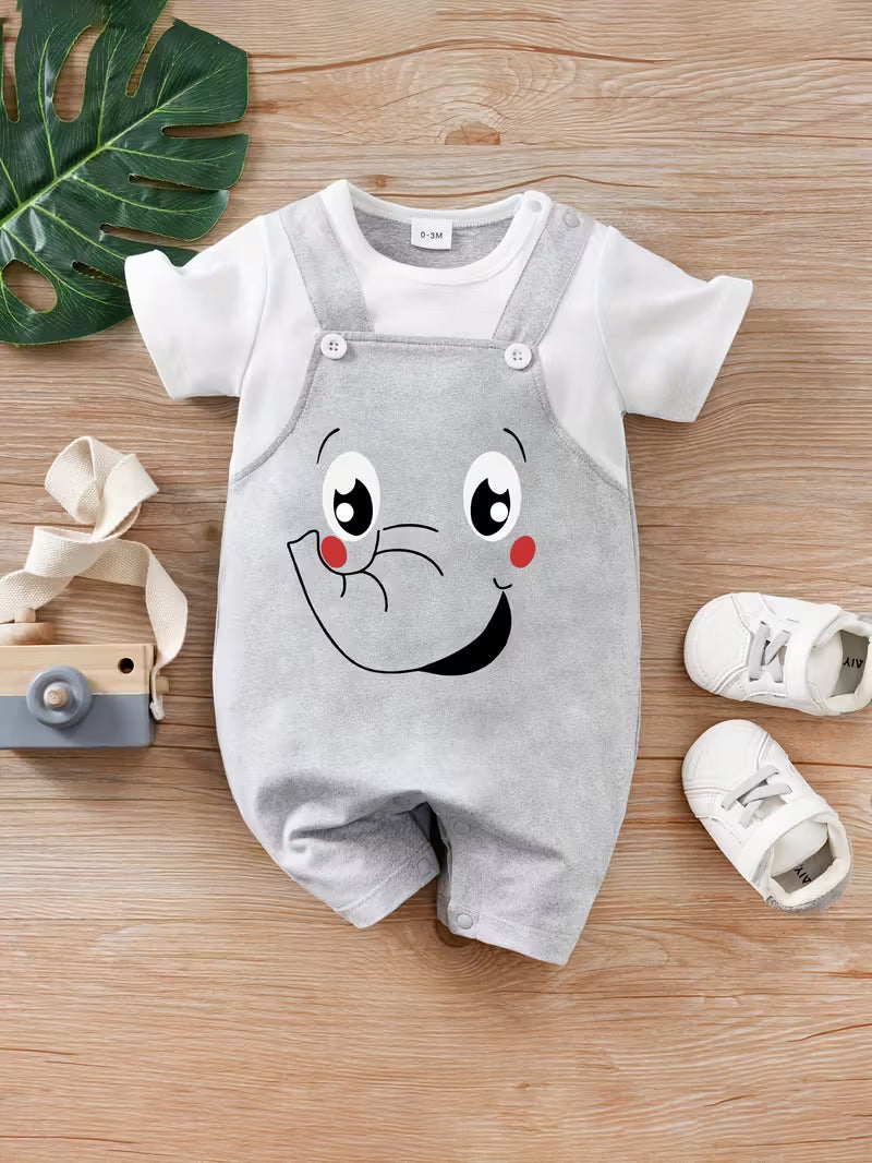 Niedlicher Cartoon-Elefant 2-in-1-Look Kurzarm-Sommer-Strampler