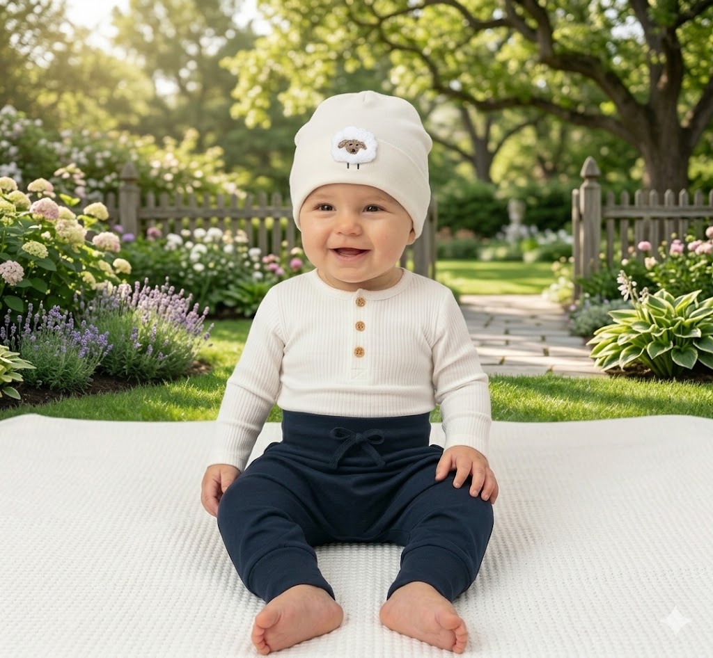 BIO Beanie mit Schafe Stickerei, Sandfarben, Unisex, 100% Baumwolle