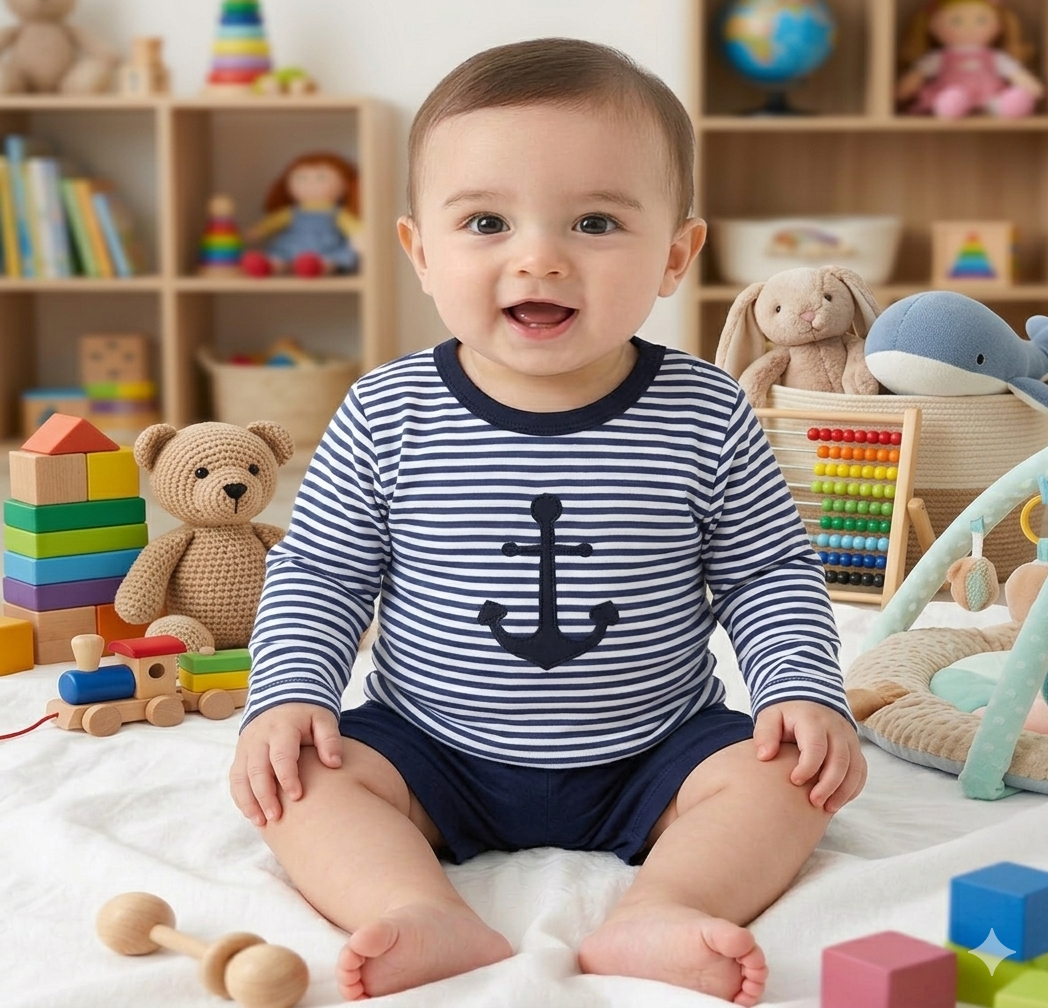 T-Shirt Langarm mit Anker-Applikation, navy-gestreift