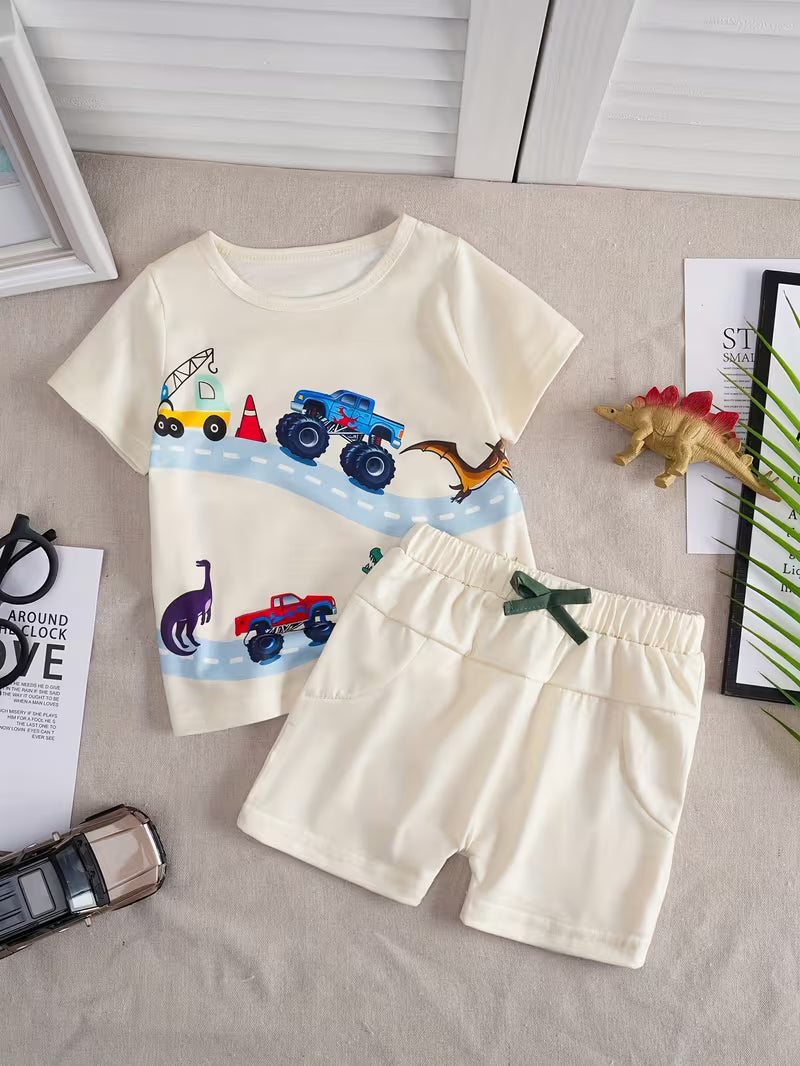 Kleiner Entdecker ganz groß: 2-teiliges Sommer-Set „Dino-Auto“ mit Harem-Shorts