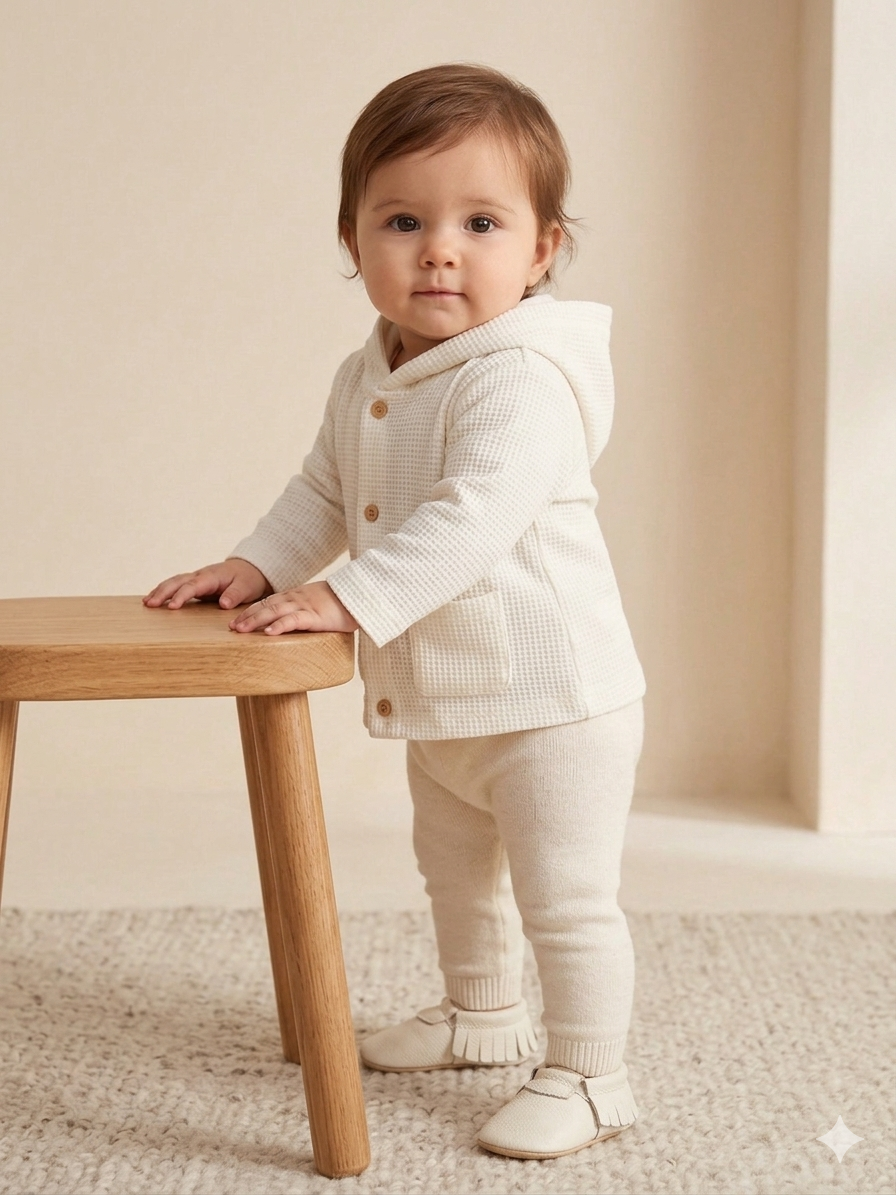 Kleines Mädchen trägt eine lässige Strickjacke mit Kapuze beim Spielen – ideale Übergangsmode für den Frühling.
