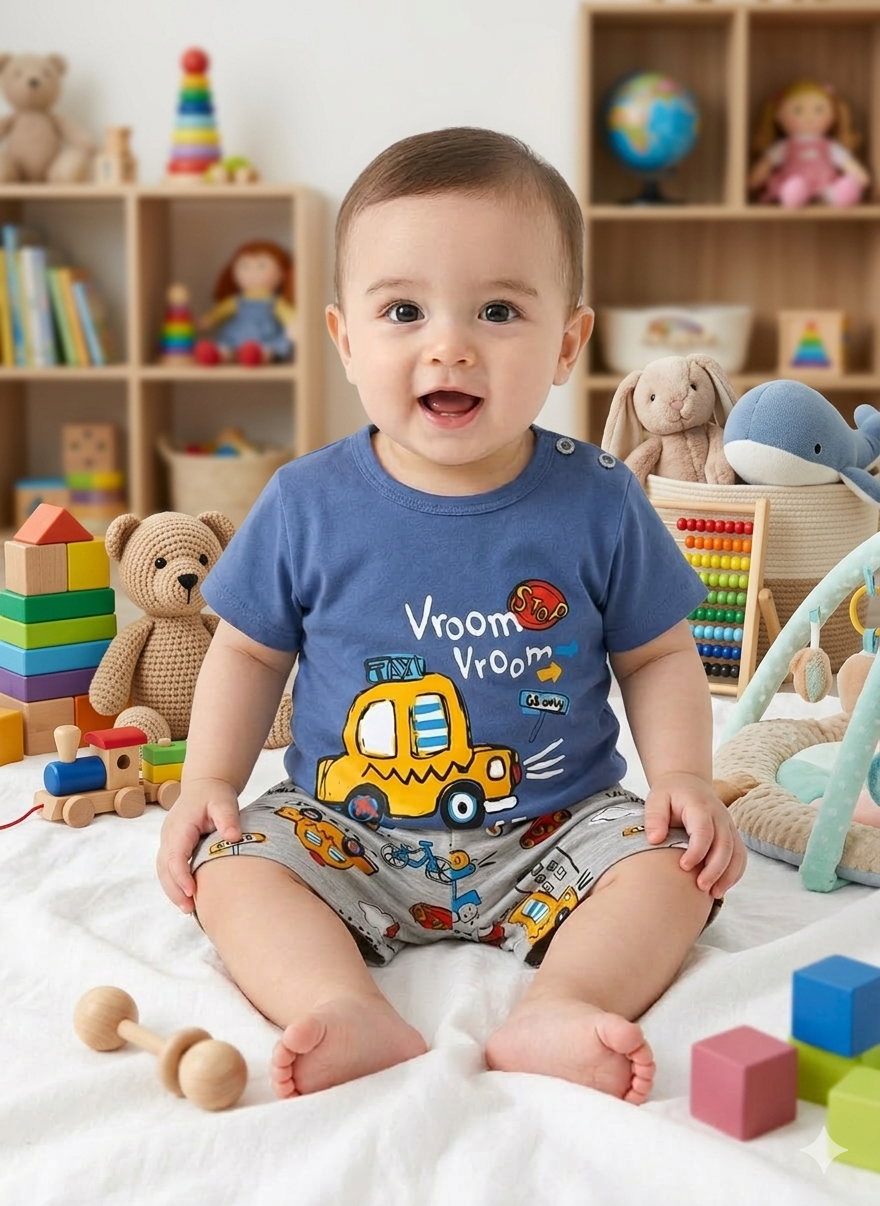Jungen Sommer Outfit Set, Baumwolle, Blau und Grau