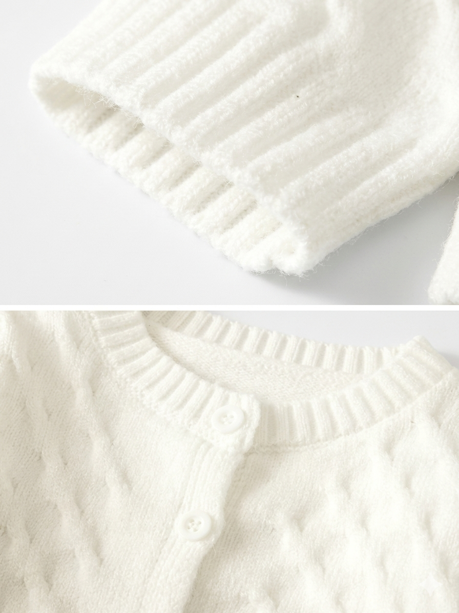 Nahaufnahme: Elastischer Strickstoff des Mädchen-Cardigans aus weichem Polyester-Mix, hautfreundlich und dehnbar.