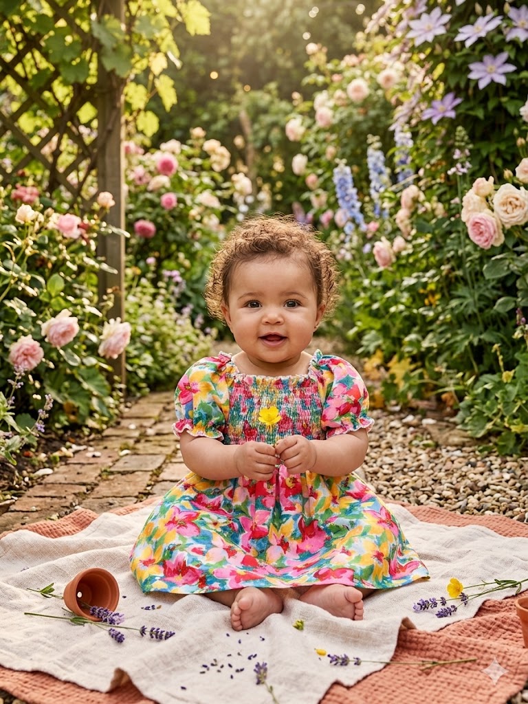 Vintage Baby Sommerkleid: Blumen-Ölmalerei & süße Puffärmel