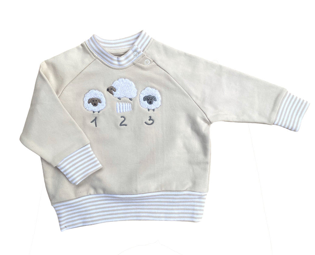 BIO Sweat-Shirt Schafe mit 3D-Stickerei, Sandfarben, 98% Baumwolle