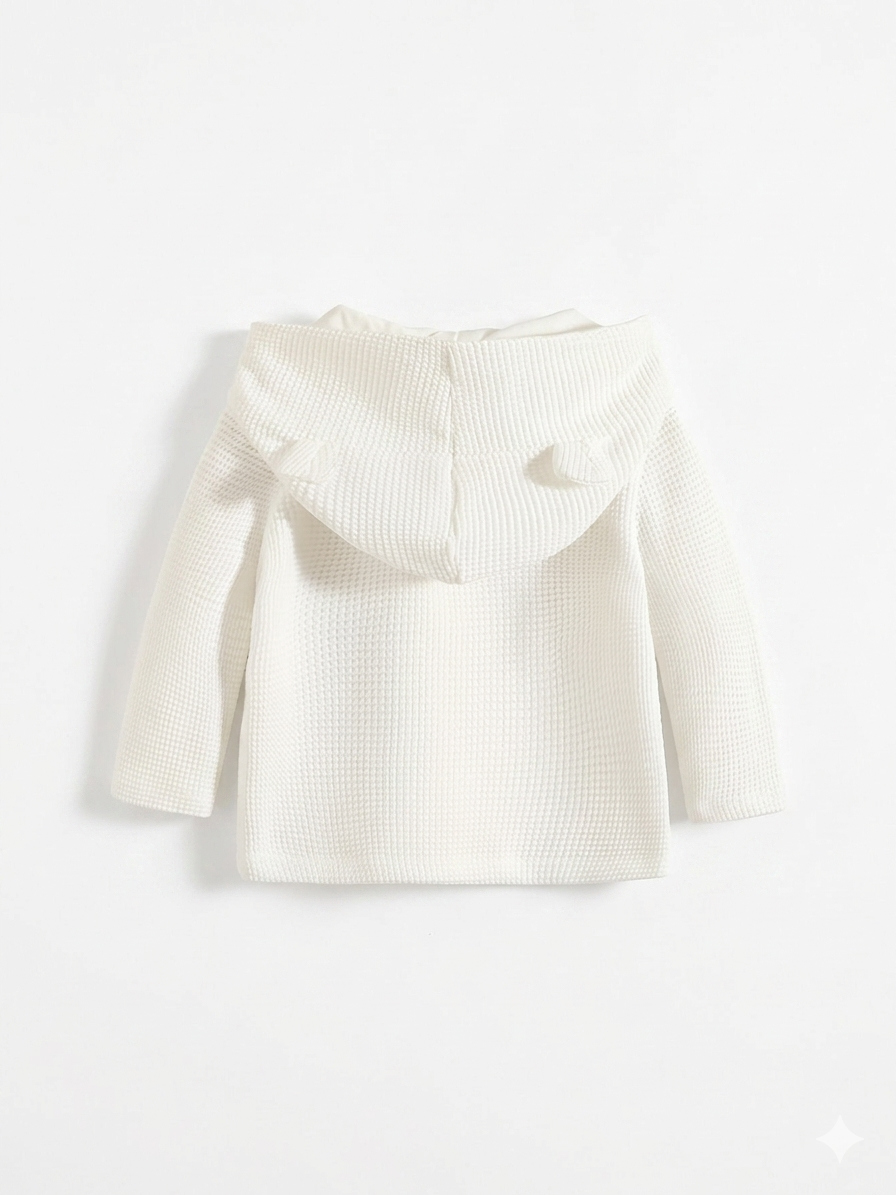 Rückansicht der Baby Strickjacke mit großzügiger Kapuze, ideal für Mädchen von 0-3 Jahren.