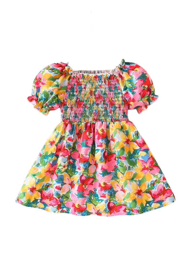 Vintage Baby Sommerkleid: Blumen-Ölmalerei & süße Puffärmel