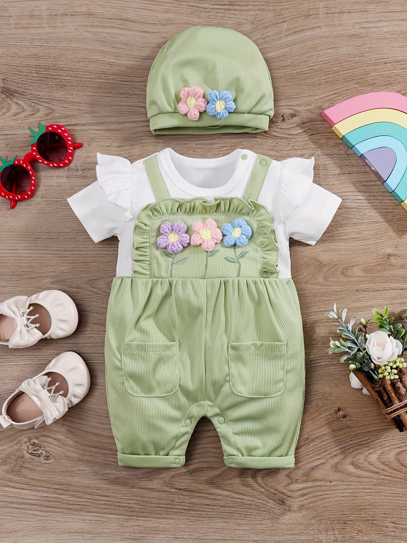 Neugeborenes Mädchen Sommer Pastoralstil 3D-Blumen-Träger 2-in-1 Look
