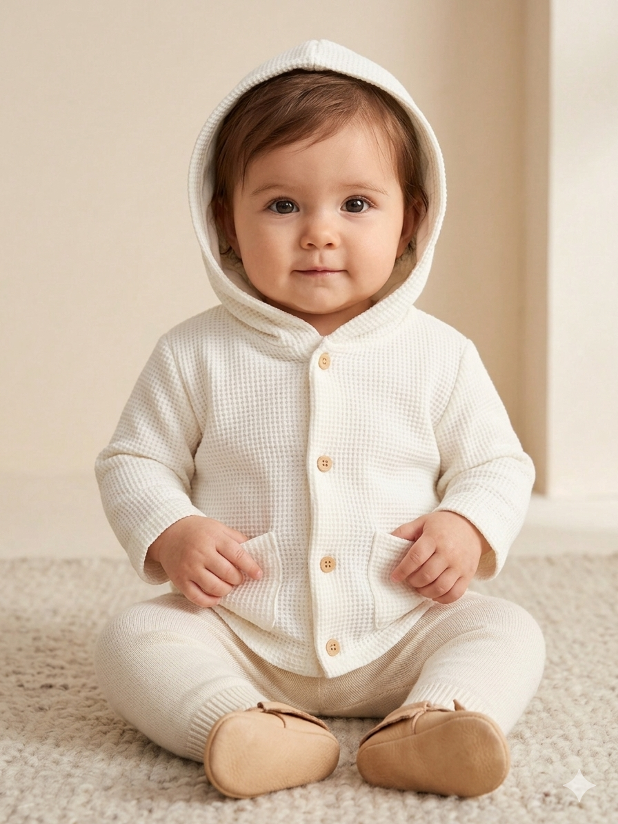 Kleines Mädchen trägt eine lässige Strickjacke mit Kapuze beim Spielen – ideale Übergangsmode für den Frühling.
