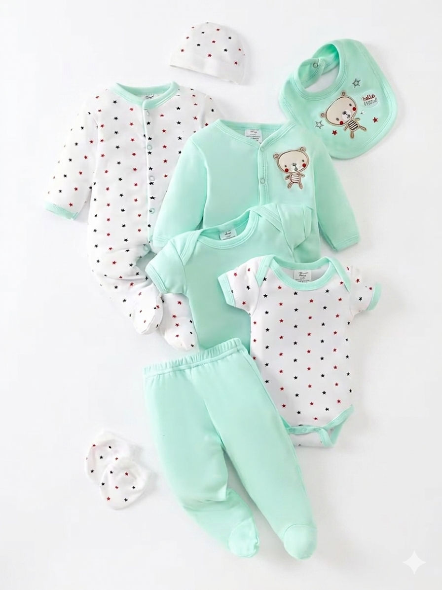 8-teiliges Baby-Mädchen-Set „Kleiner Kuschelbär“ – 100% Baumwolle