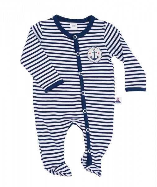 Baby Strampler mit Anker-Druck, Navy-Gestreift, 100% Baumwolle, Langarm mit Füße