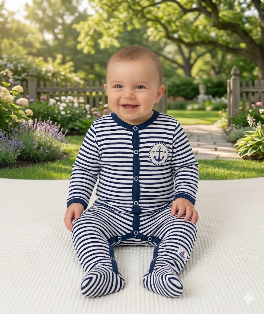 Baby Strampler mit Anker-Druck, Navy-Gestreift, 100% Baumwolle, Langarm mit Füße