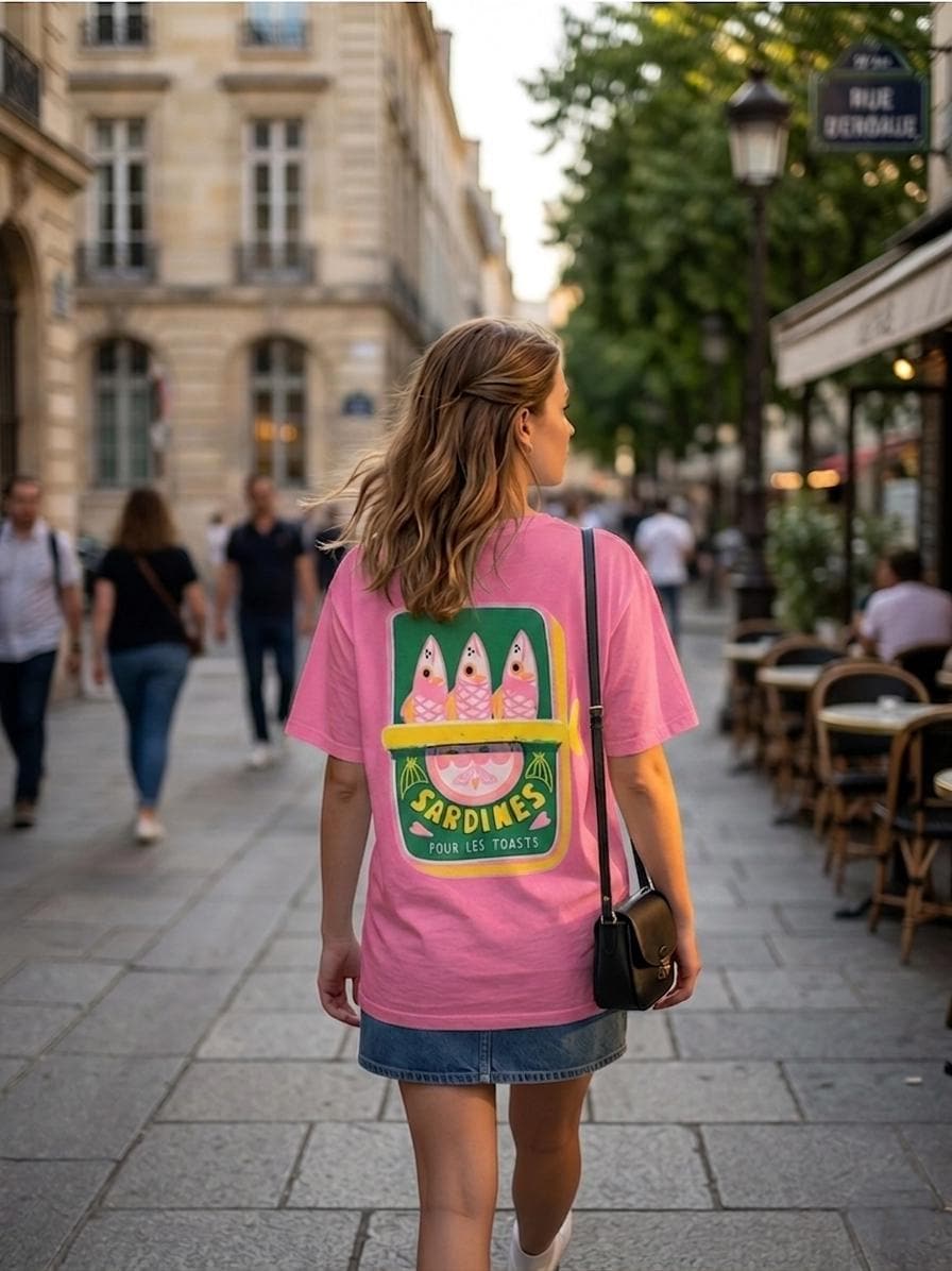 Sardinen Print Shirt Baumwolle | Curvy Passform T-Shirt Made in Italy | Rundhals Grafikdruck Beidseitig | Maritimes Alltag Oberteil