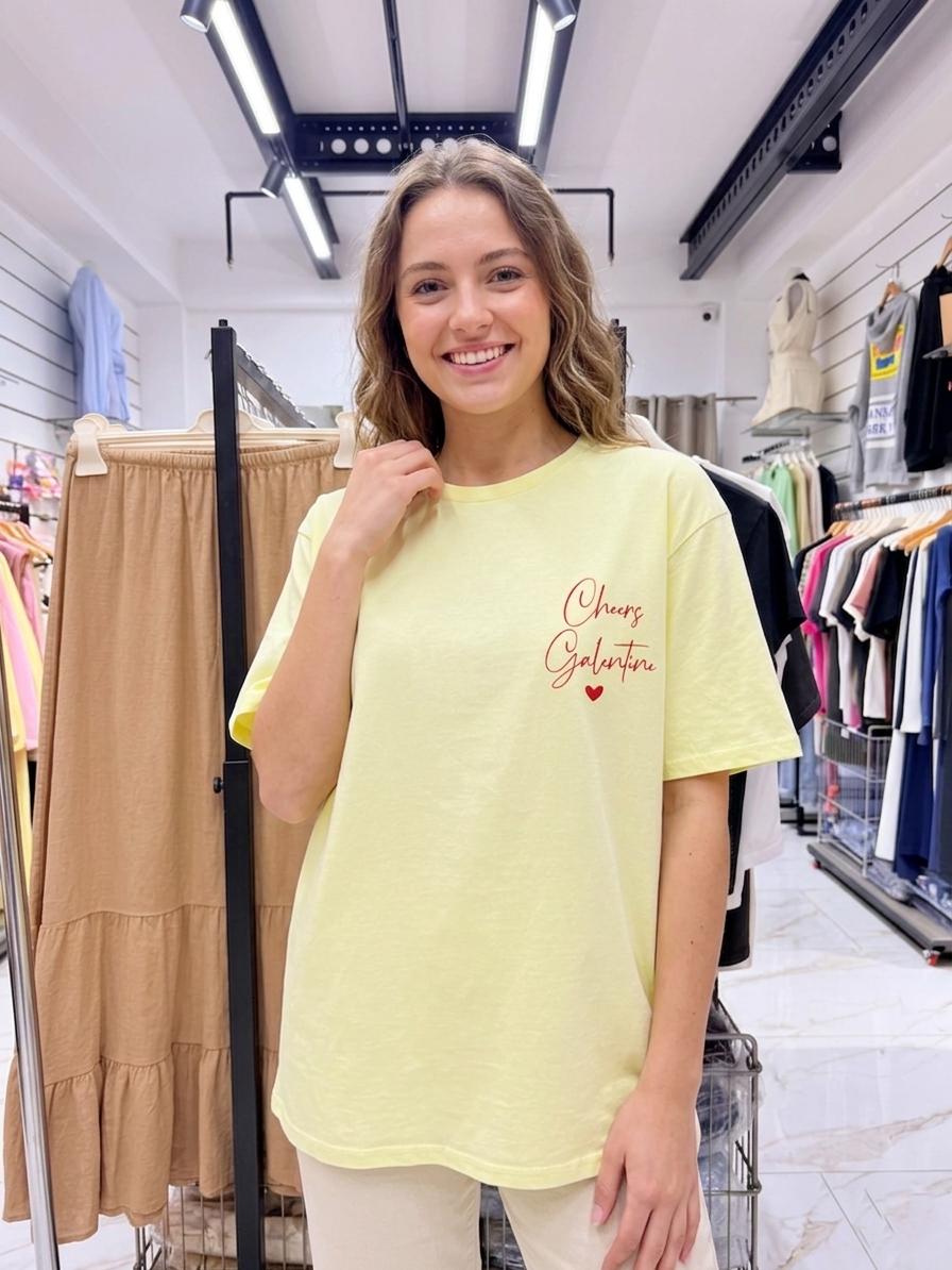 Galentine's Day Shirt Damen,Cheers Galentine T-Shirt Gelb,Oversized Curvy Fit Sommer T-Shirt,Cocktail Print Hinten,100% Baumwolle,Italien